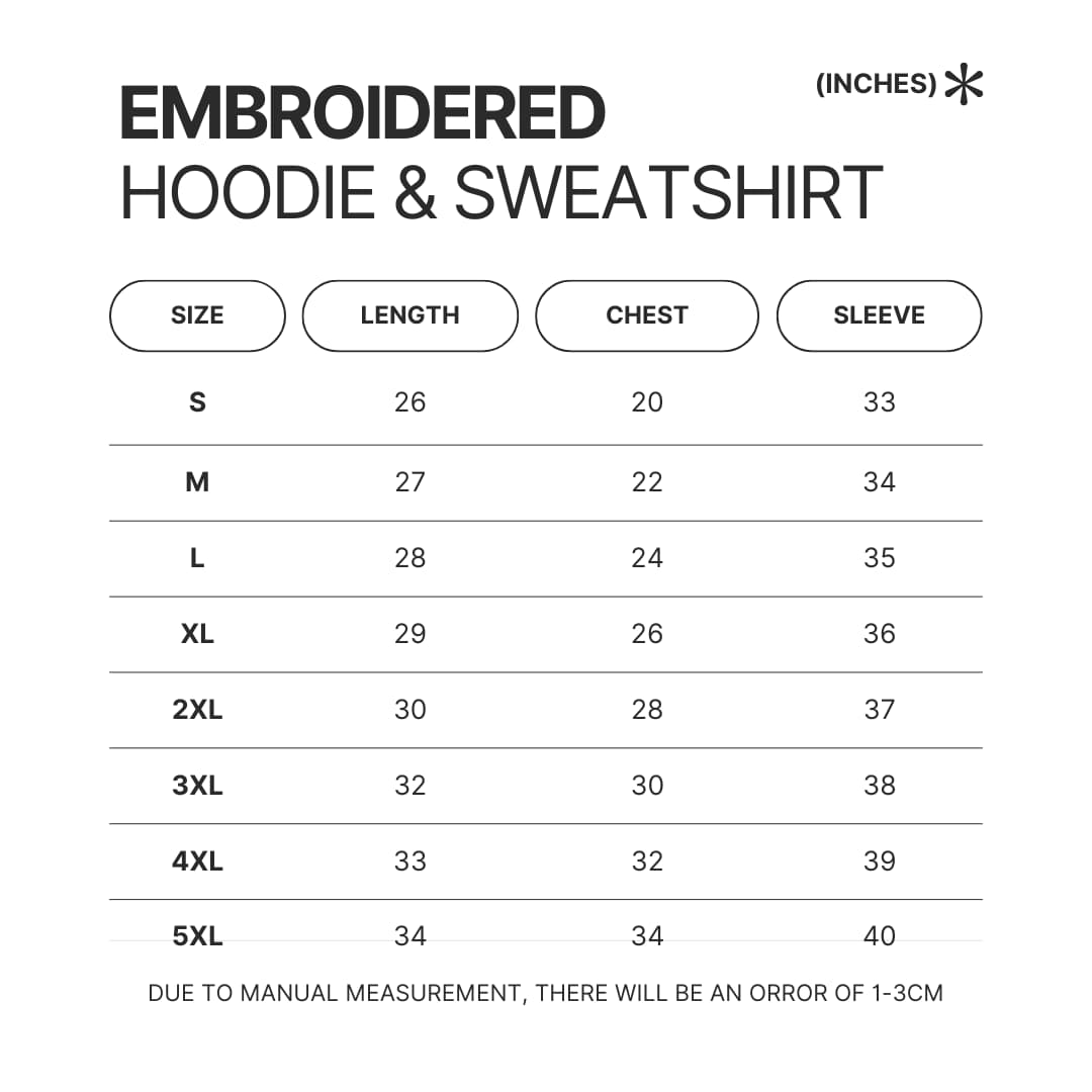 Embroidered Hoodie Sweatshirt Size Chart - One Piece AU Store