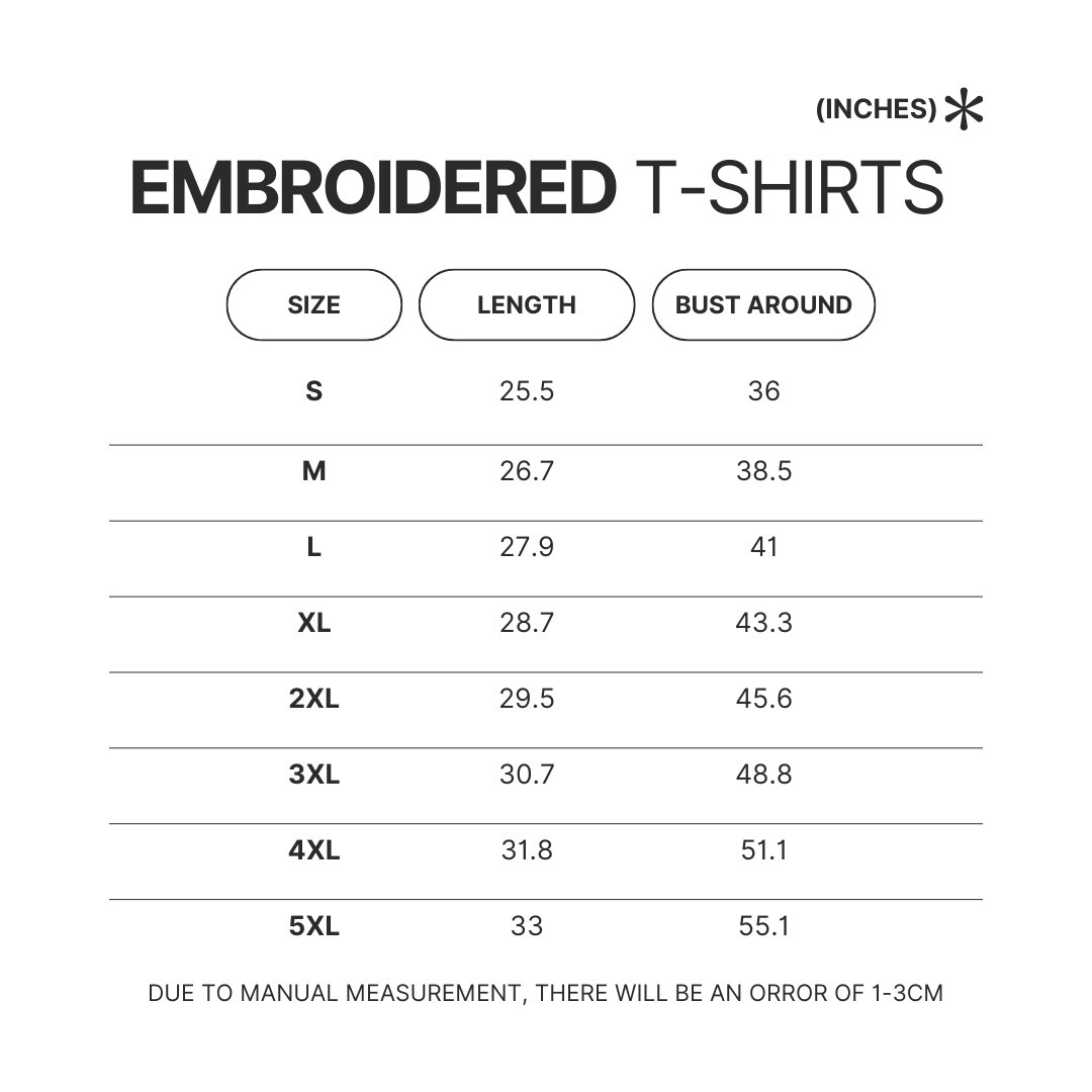 Embroidered T shirt Size Chart - One Piece AU Store